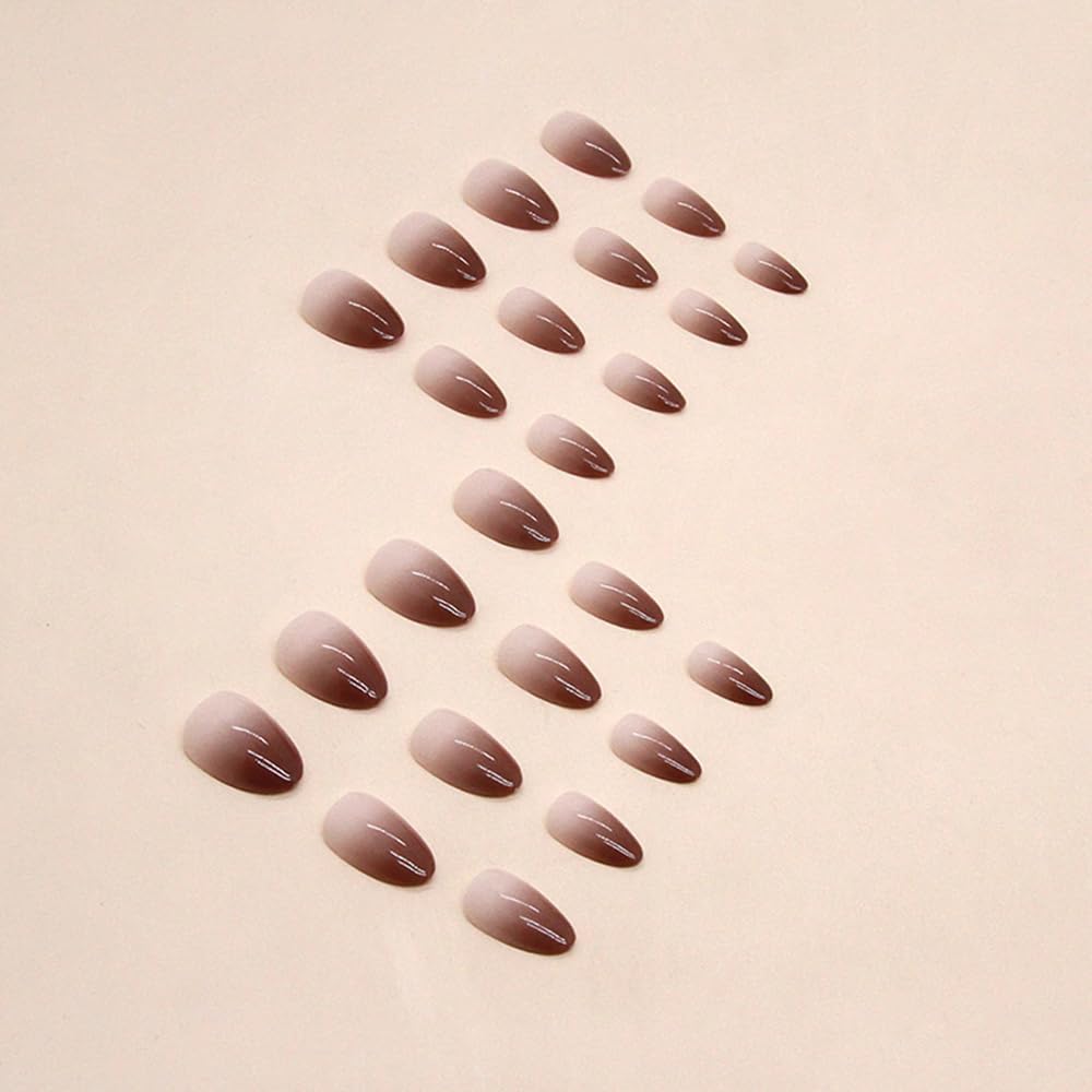 24Pcs Brown Press on Nails Short Almond Fake Nails Fall Gloss Acrylic Nails French Gradient False Nails Petite Artificial Nails Full Cover Stick on Nails Reusable Artificial Nails for Women Girls