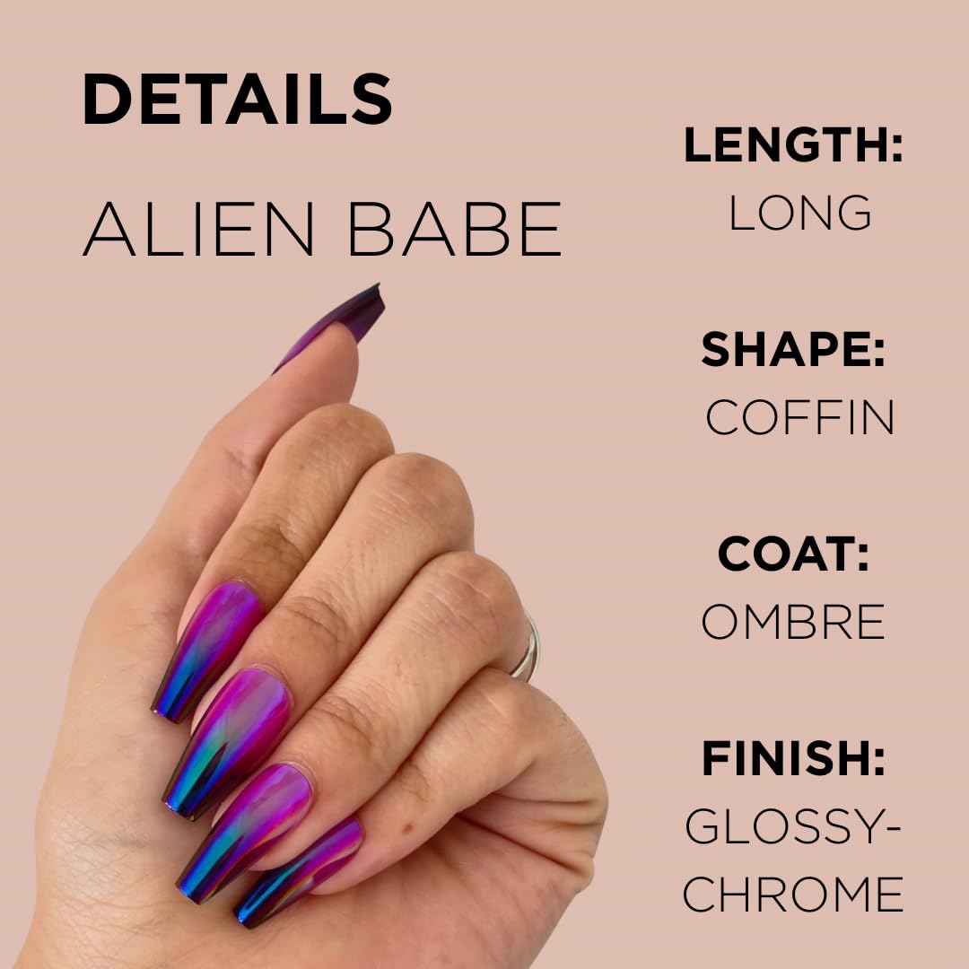 ALIEN BABE Press-On Nails by Lavaa Beauty | Blue Purple Chrome Long Coffin Nails