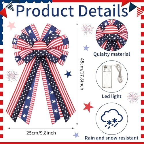 2 Pcs Patriotic 4th of July Lighted Wreath Bow Large Red White and Blue 250th Anniversary Burlap Tree Topper American Flag Star Independence Memorial Day Indoor Outdoor Decoration(Classic)