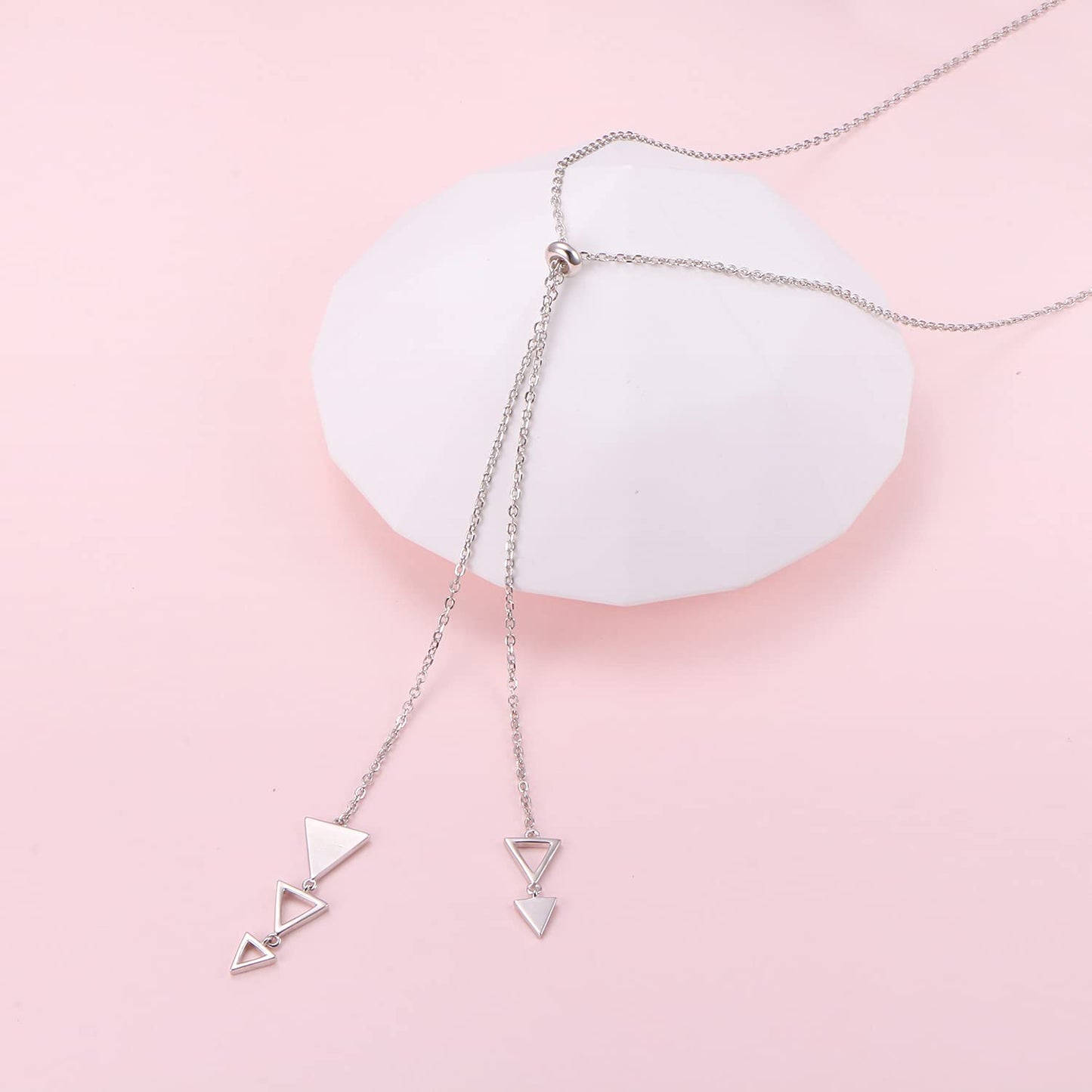 FLYOW 30 Inch Long Chain Dainty Lariat Necklace Simple Style 925 Sterling Silver Multiple Triangle Pendant Adjustable Y Shaped Necklace Jewelry