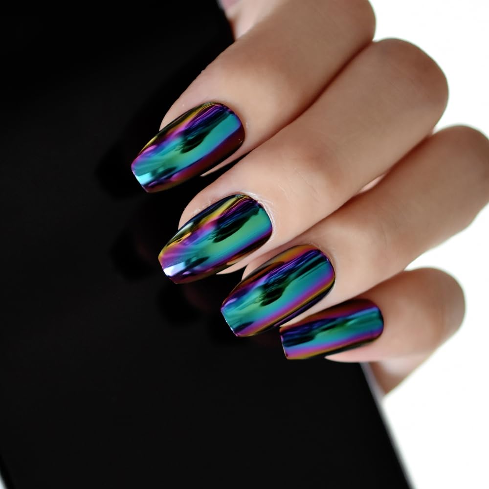 iBeautying Press on Nails - Chrome Magic Mirror Effect Green Purple Holo False Nails | Metallic Punk Medium Coffin Reusable Wear Fake Nails in 10 Sizes - 24 Nail Kit with Jelly Glue Pad