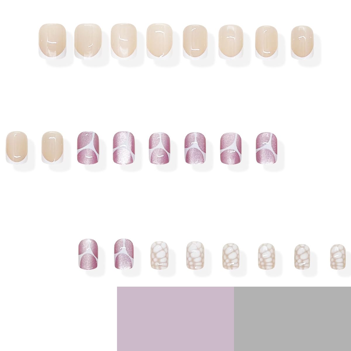 Short Square Press on Nails White French Tip Nails Press ons with White Line & Croc Print Design Nude Base Fake Nails Reusable Full Cover Stick on Nails for Women Manicure 24Pcs