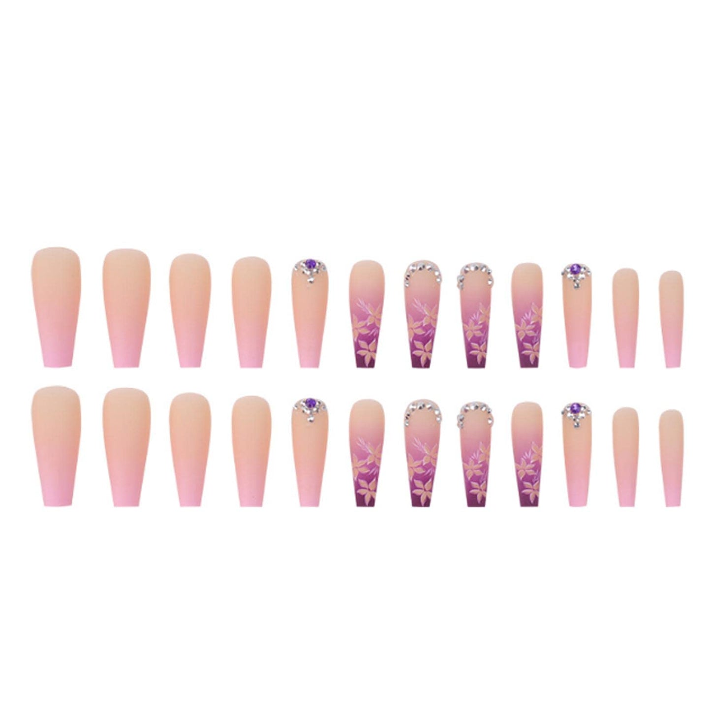 DANMANR Coffin Press on Nails Pink Full Cover Flower Acrylic Gradient Fake Nails Long False Nails for Women and Girls 24PCS