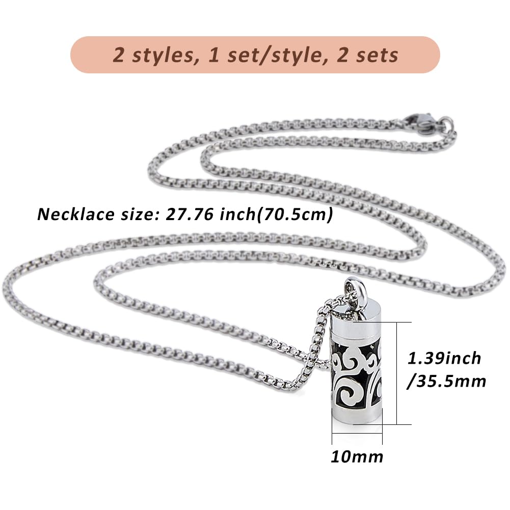 SUPERFINDINGS 2 Style Diffuser Oil Pendant Essential Oil Necklace Stainless Steel Perfume Diffuser Interchangeable Perfume Pads Aromatherapy Bottle Necklaces for Woman Men 70.5cm