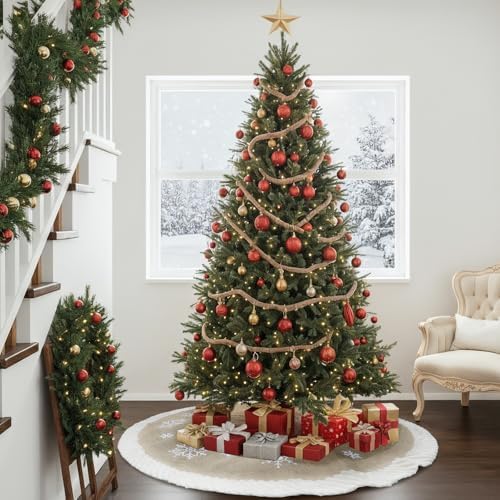 OurWarm Christmas Tree Skirt 60 inches, Burlap Tree Skirt for 7.5 ft Tree to 9 ft Tree, Large Snowflake Tree Skirt with Faux Fur, Xmas Tree Skirts for Winter Indoor Holiday Christmas Tree Decor