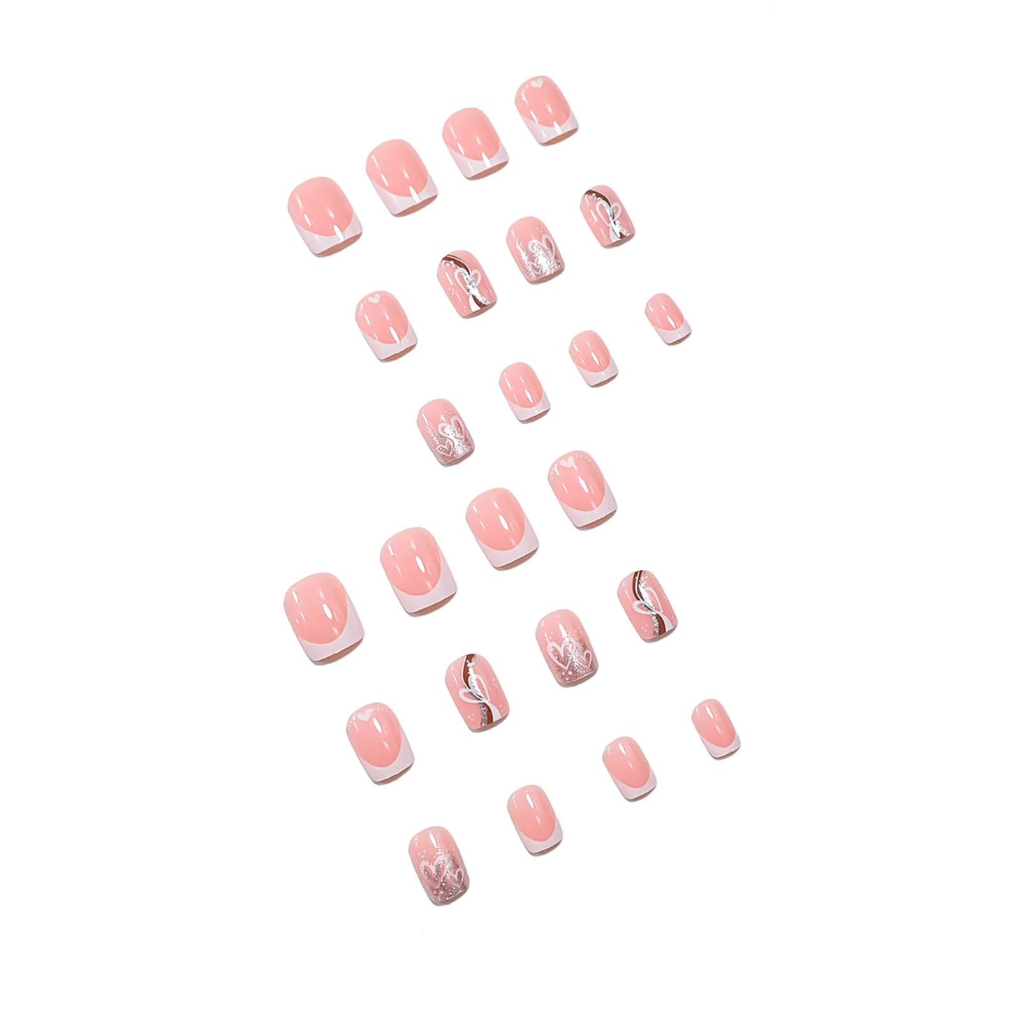 RUOKEXIN Medium Square Press on Nails White French Tip Fake Nails Gold Sparkly False Nails with Heart Designs Valentine Day Glue on Nails Glossy Artificial Nails Cute Stick on Nails for Women 24Pcs
