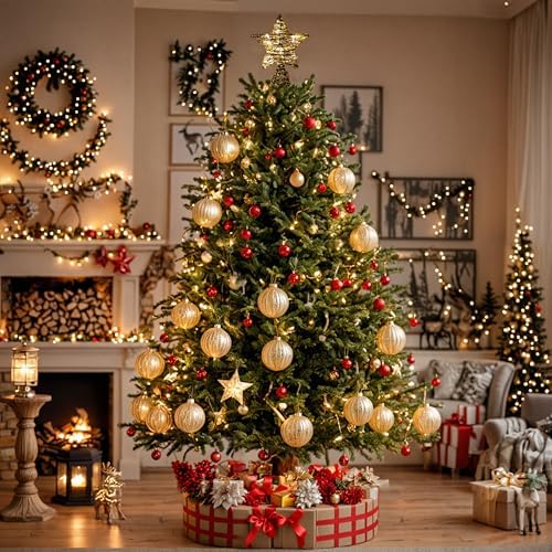 CVHOMEDECO. Rattan Star Christmas Tree Topper with LED Lights, Rustic Farmhouse Style Tree Toppers Ornaments, 8 x 10 Inch