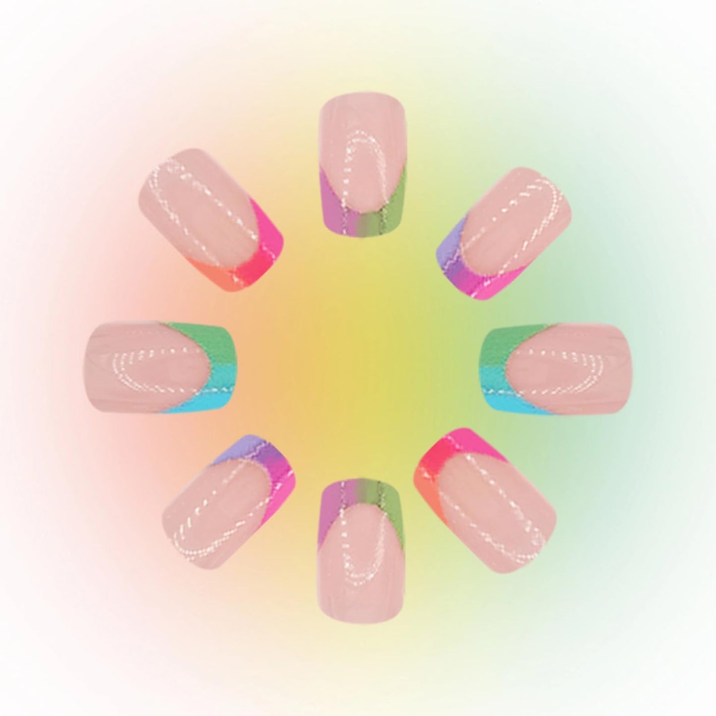 MISUD Press on Nails - Short Square Glue on Nails with Colorful French Tip, Acrylic Summer Rainbow Design 24 pcs