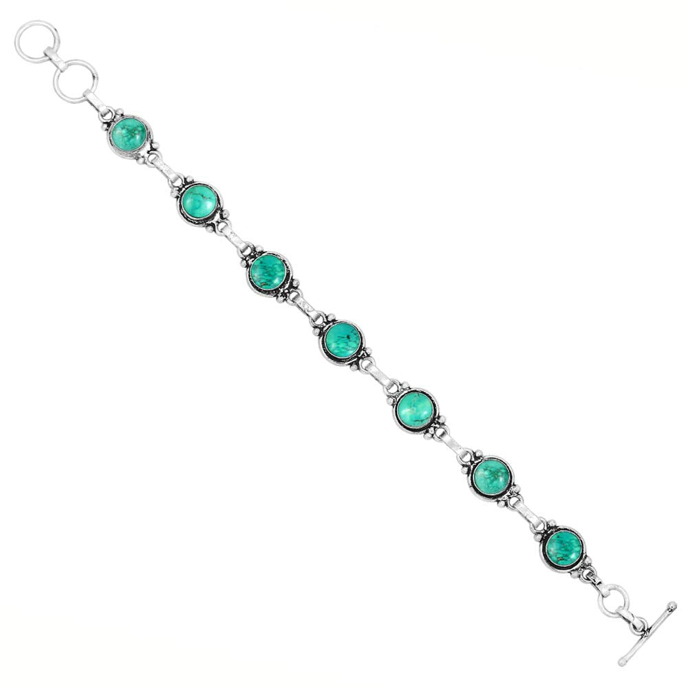 Natural Turquoise 925 Silver Plated Round Gemstone Adjustable Bracelet for Women - December Birthstone Bohemian Vintage Style Handmade Jewelry Bracelet - Gift for Her