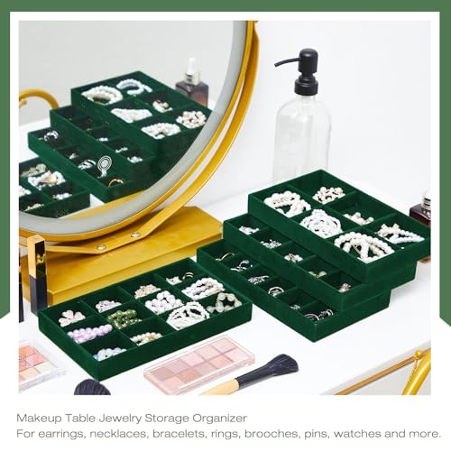 Junkin 12 Pcs Jewelry Tray Velvet Stackable Jewelry Organizer Trays Divided Earring Accessories Storage Containers Box (Rose Red) - color: Green