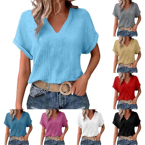 Womens Shirts Cotton Linen v Neck Short Sleeve Blouses Casual Loose Fit Textured Summer Pullovers Daily Wear - color: A01-light Blue, size: X-Large