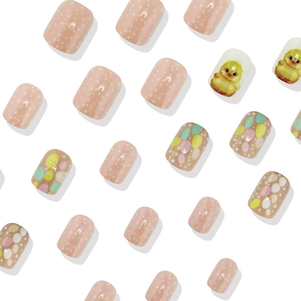 24Pcs Short Press on Nails Easter Nails Press ons Square Fake Nails with Easter Egg Designs Cute Duck Acrylic Nails Pink Glossy Stick on Nails Easter Glue on Nails for Women Manicure Art