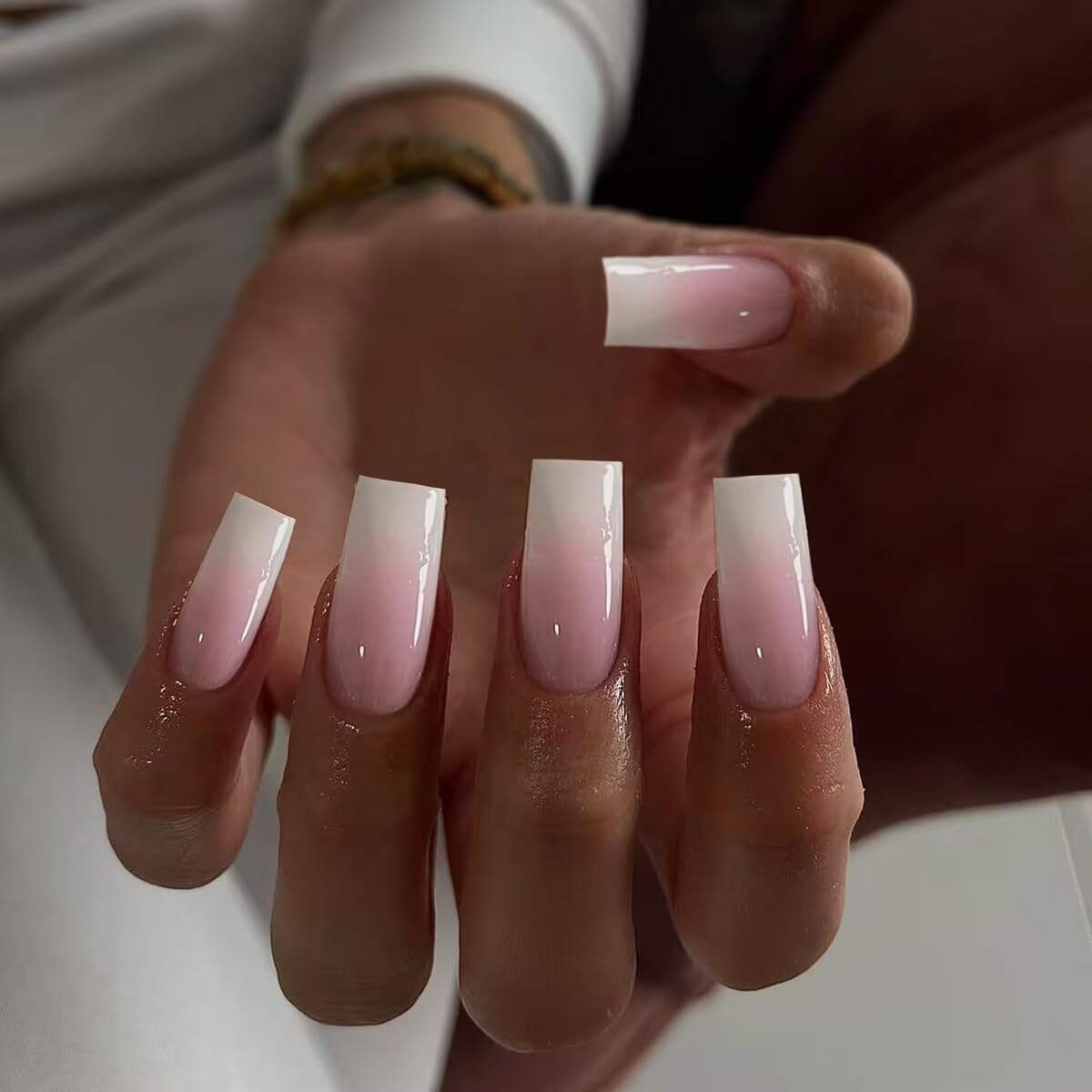 Ombre Pink Press On Nails Medium Long Square, Xcreando Medium Coffin Nails Acrylic Press ons Glue on Nails Long Length Fake Nail for Women, Natural Thick Artificial Nail Stick on