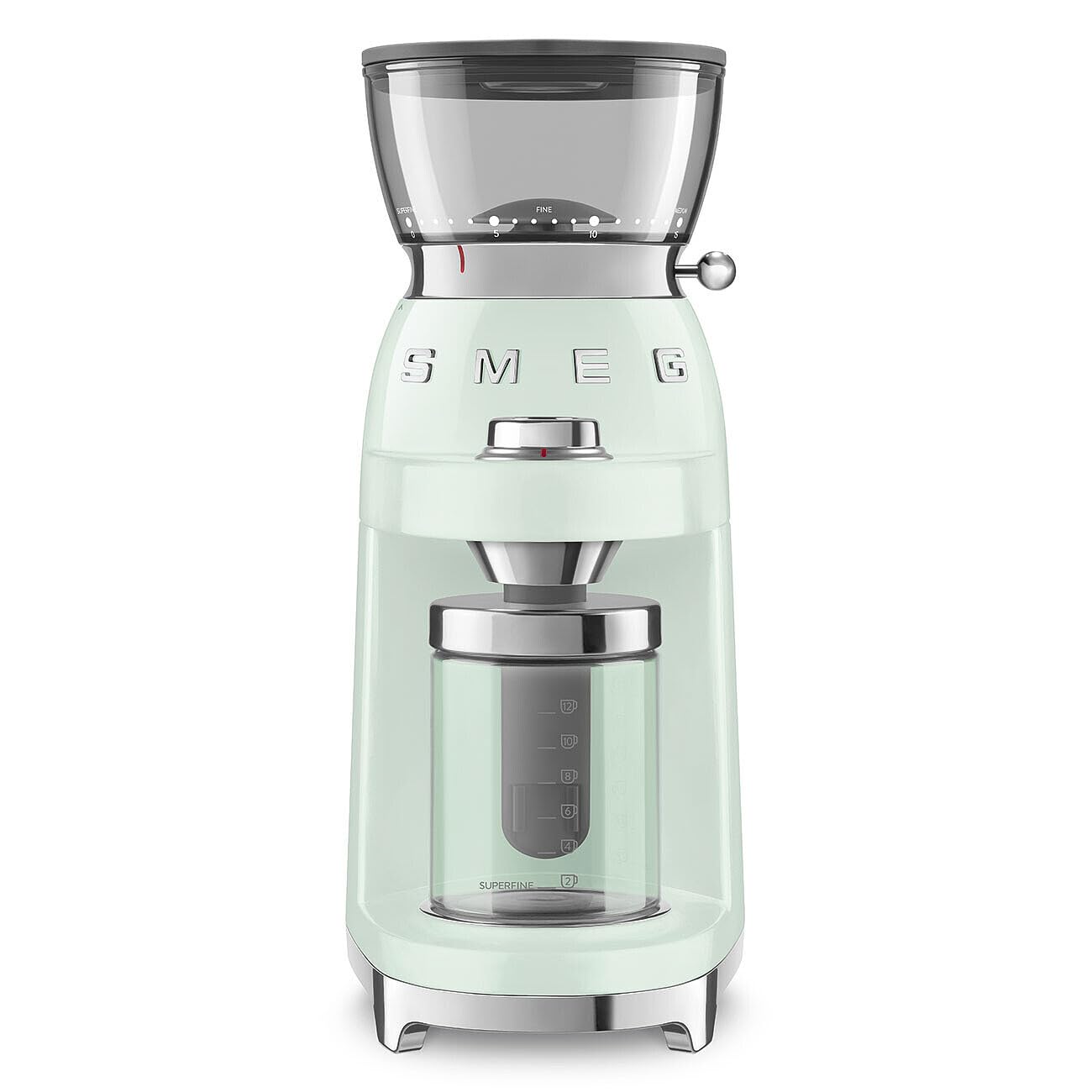 SMEG CGF03 Burr Coffee Grinder, Electric Conical Burr Grinder with 15 Grind Settings, 8 Presets, 240g Bean Hopper, Espresso, Moka & Drip Coffee Grinder, 50’s Retro Style (Pastel Green)