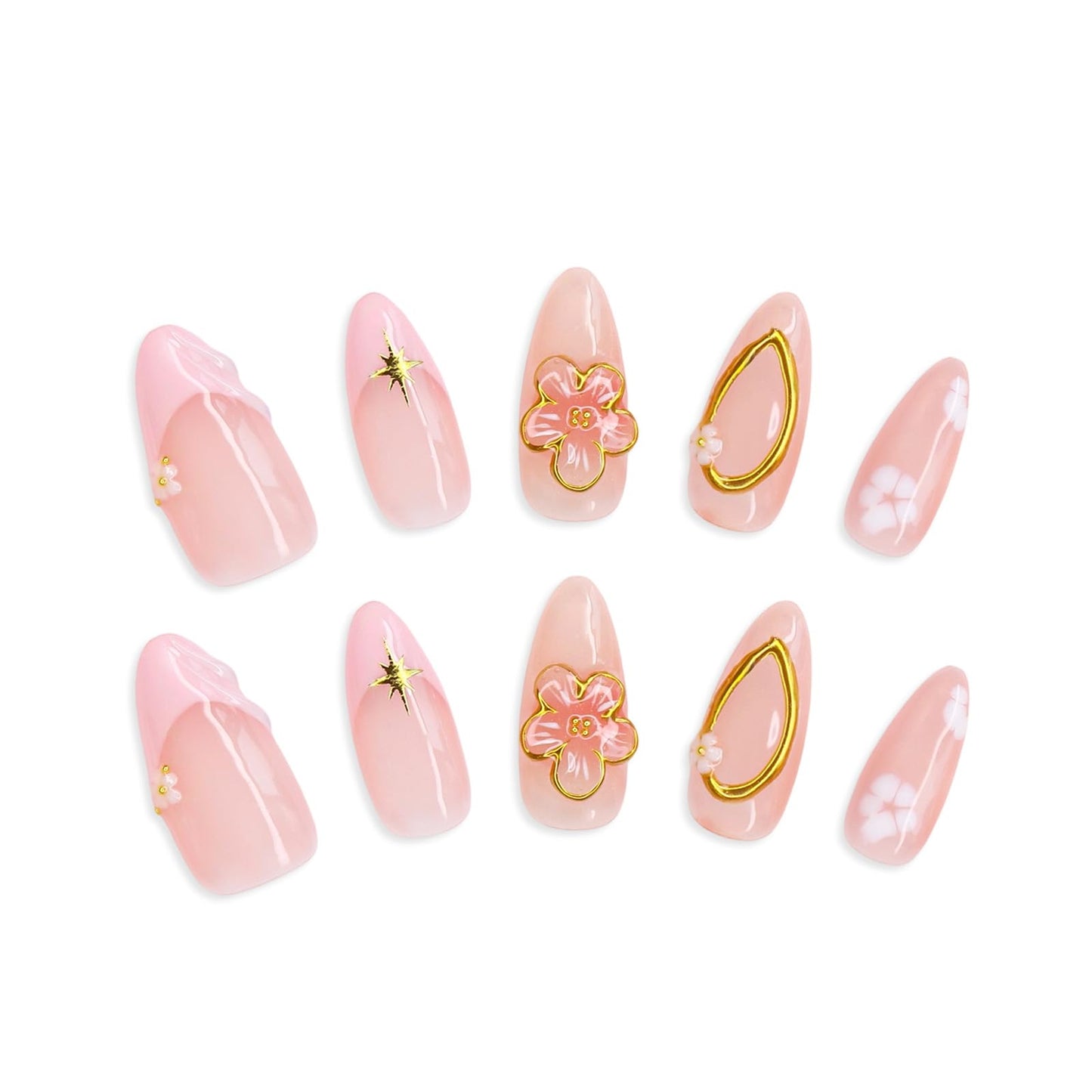 Handmade Press on Nails Medium Almond Fake Nails with 3D Gold Embossed & Flower Design Salon Quality Thickened Acrylic False Nail Full Cover Pink French Tips Stick on Nail for Women（Size M）