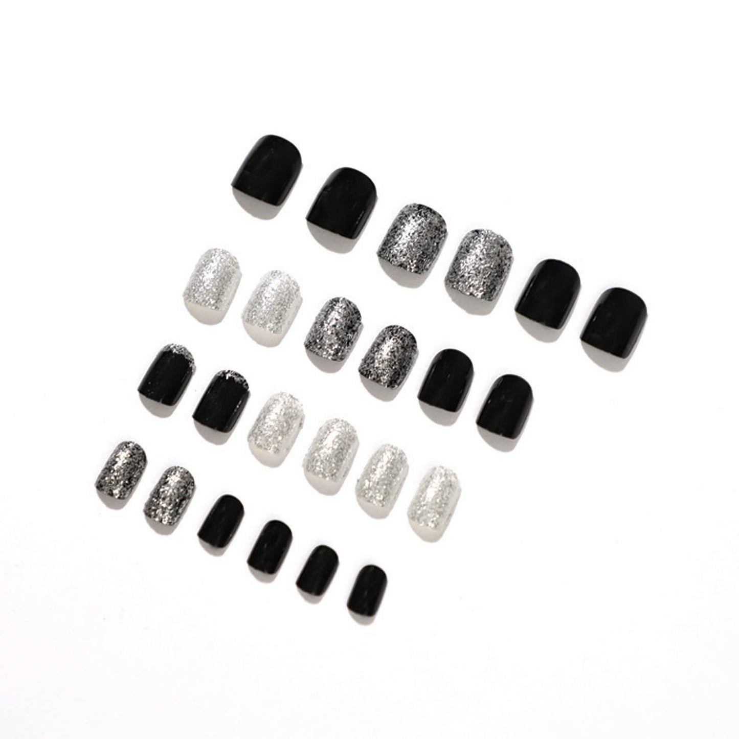 MISUD Press on Nails - Short Square Glue on Nails with Black, Acrylic Bling Glitter Design 24 pcs