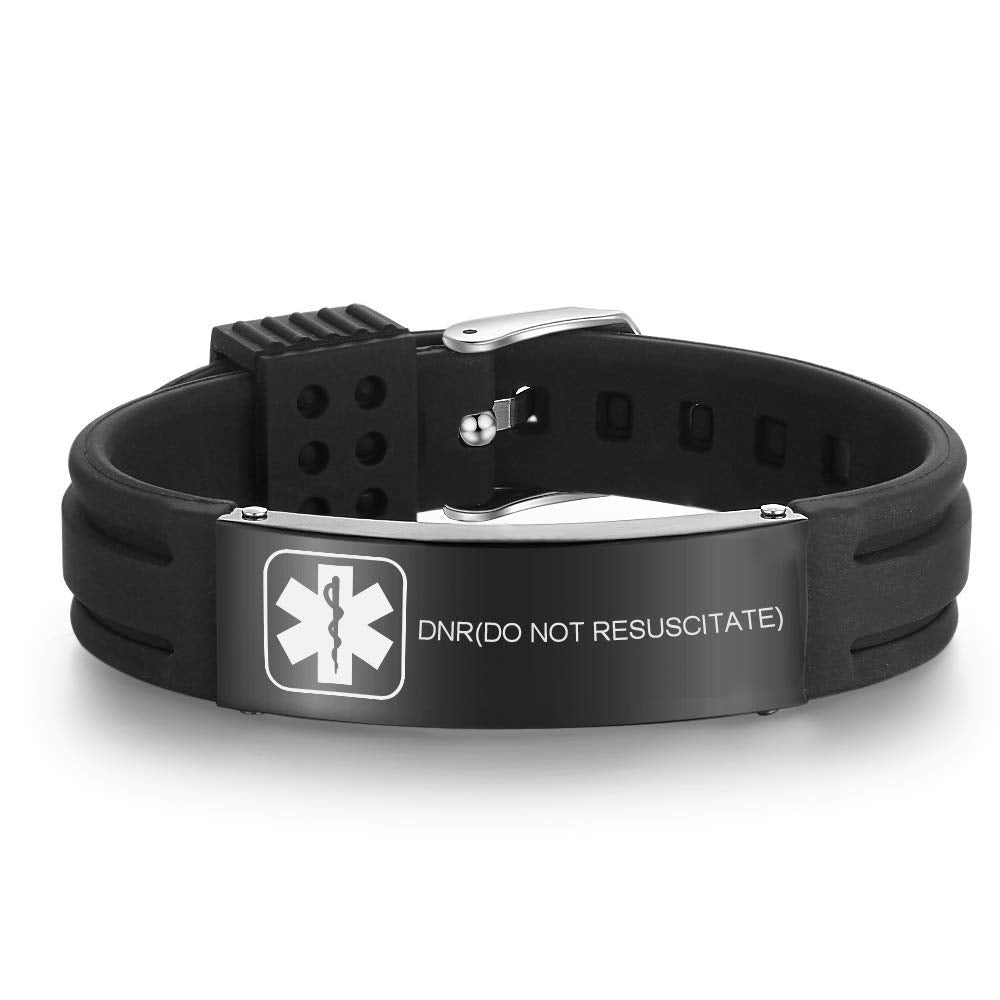VNOX DNR(DO NOT RESUSCITATE) Medical Alert ID Black Silicone Rubber Stainless Steel Adjustable Bracelet Unisex