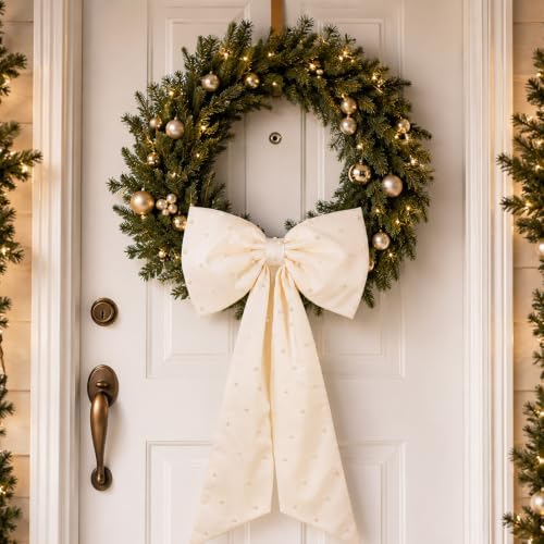 HunnmingRe 24x43 in Satin Bow with Pearl Christmas Tree Topper,Ivory White