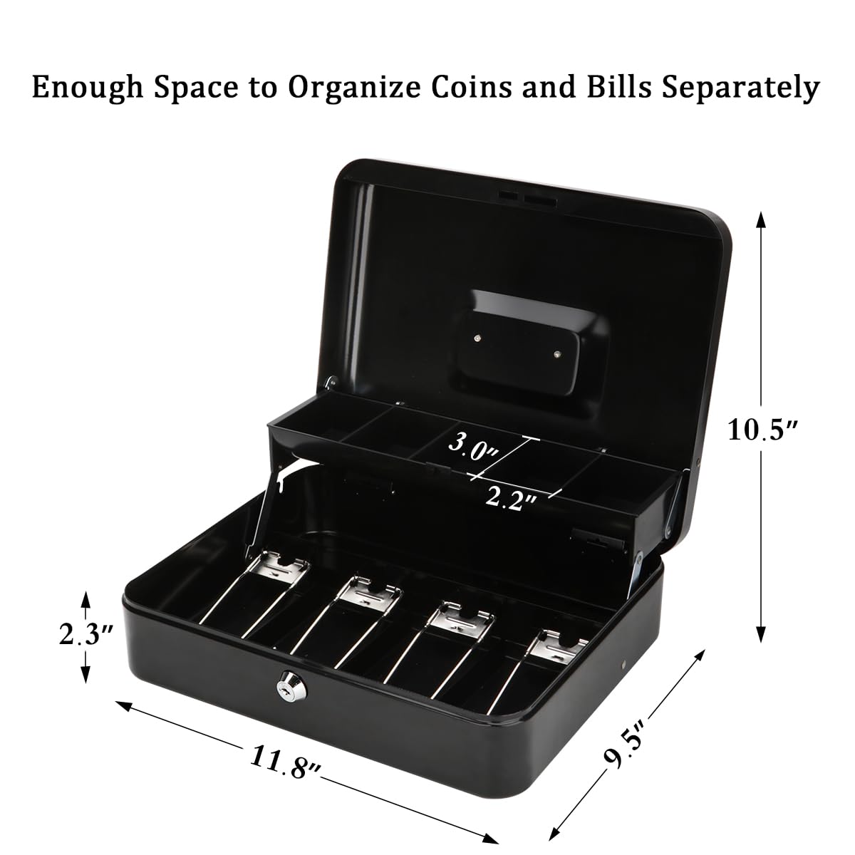 Jssmst Large Locking Cash Box with Money Tray, Lock Box with Security Cable Metal Money Box with Key Lock, Black, CB02304XL