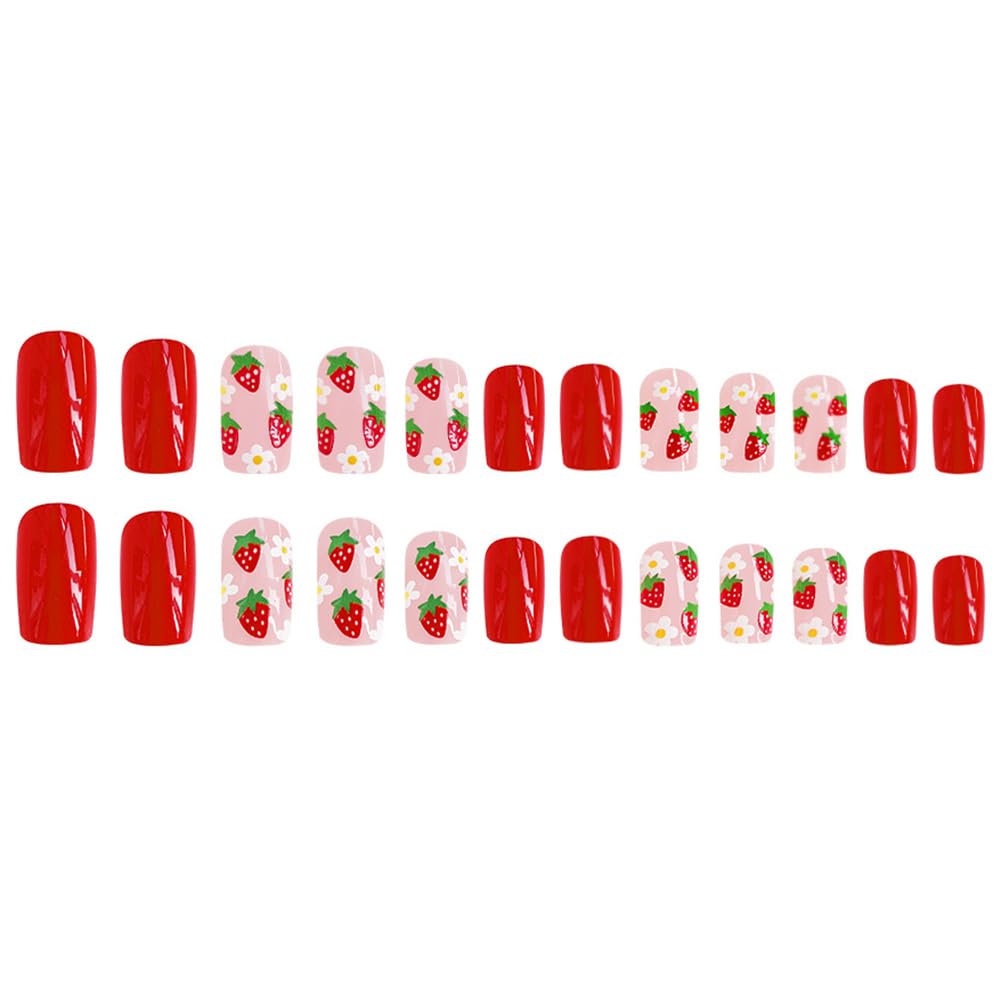 RUPOFUZA Press on Nails Square Short Red Fake False Nails with Lovely White Flowers and Strawberries Design Acrylic Artificial Nail Extra Short Glue on Nail for Women Girls 24Pcs
