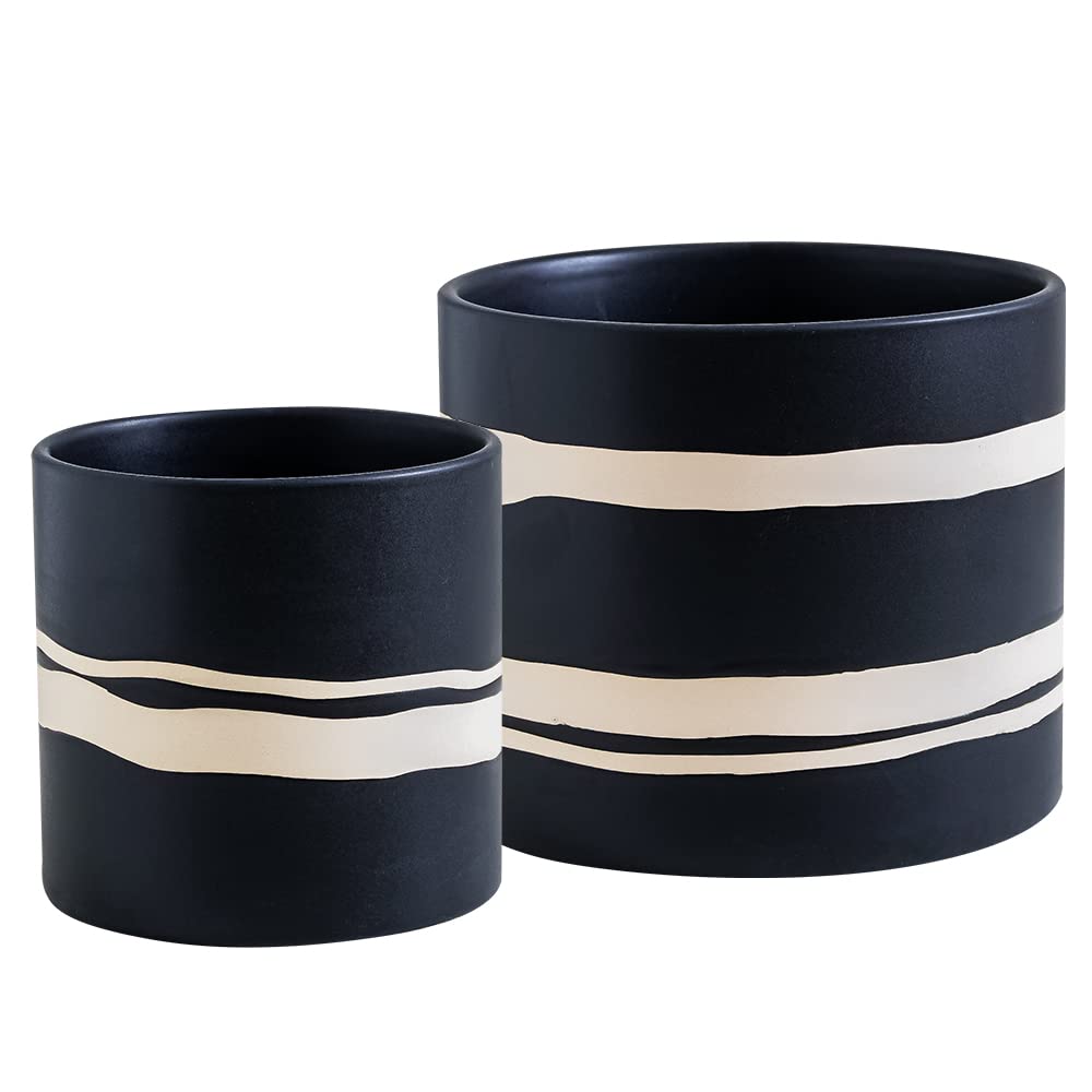 Nihow Modern Ceramic Plant Pot - 5 + 7 Inch Flower Pot for All Indoor Plants - Sturdy Planter Pots with Drainage Hole & Rubber Plugs - Semi-Matte Black & Nature - Plants Not Included