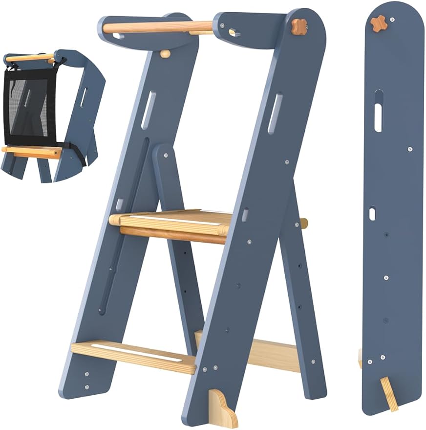 GROWNSY Foldable Step Stool Toddler Tower, Toddler Kitchen Stool Helper, Collapsible Kids Standing Tower with 3 Adjustable Heights and Safety Net for Kitchen Bathroom Sink Counter (Blue Gray)