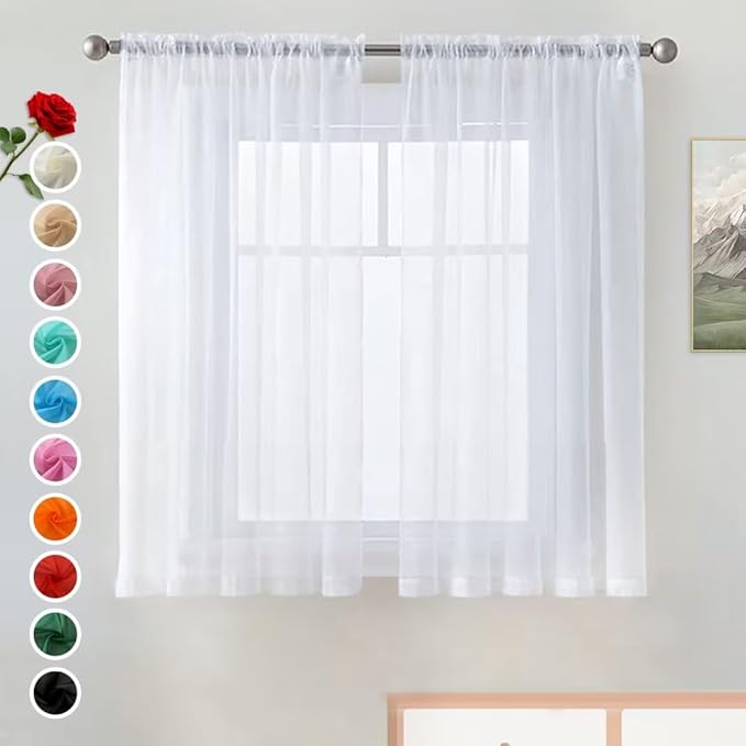 SpaceDresser Basic Rod Pocket Sheer Voile Window Curtain Liners White 2 Panels 52 Width 54 Inch Long for Kitchen Bedroom Children Living Room Yard(White,52 W x 54 L)