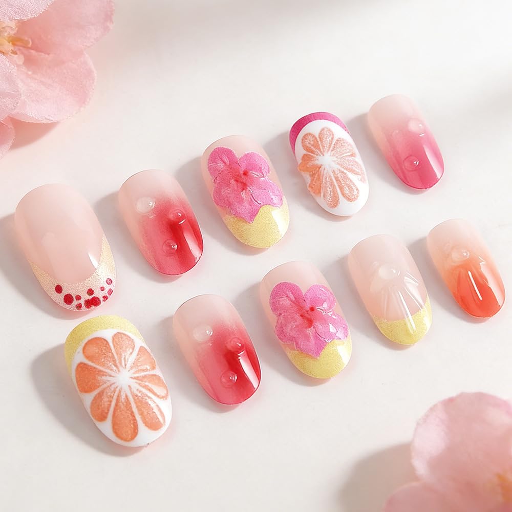 QUNQINLI French Tip Press on Nails Short Oval Fake Nails Press ons Nail Art Tips with 3D Lemon Flowers Design Pink Gradient False Nails Full Cover Nude Glossy Glue on Nails for Women 24 Pcs