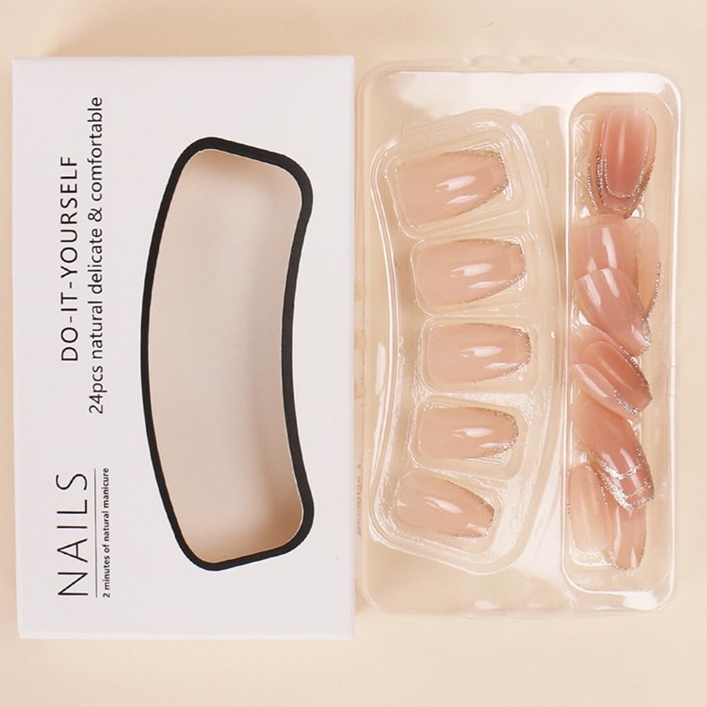 RUPOFUZA Medium Press on Fake Nails 24Pc Square Coffin False Nail with Golden Glitter French Tip Designs Acrylic Nail Press ons Artificial Stick on Nails for Women