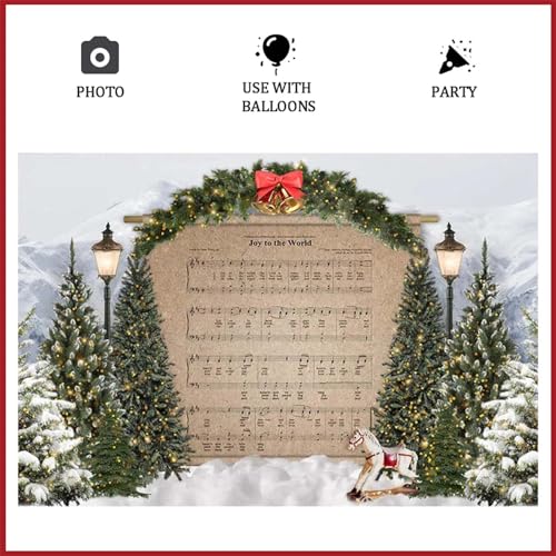 Merry Christmas Joy to The World Sheet Music Photography Background Snow Scene Mountain Christmas Tree Backdrop, 9x6 Feet - size: 9x6feet