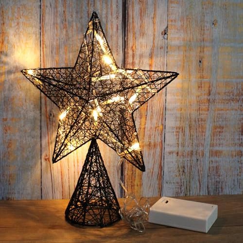 CVHOMEDECO. Black Tree Top Star with Warm White LED Lights and Timer for Christmas Tree Toppper Ornaments and Holiday Seasonal D??cor, 8 x 10 Inch