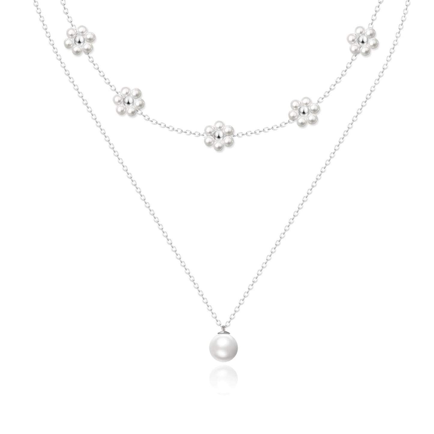 Zeffy Silver Daisy Flower Pearl Layered Necklace Cute Silver Necklace Stack Wedding Jewelry Sets for Women Bridesmaid Gifts 2PCS