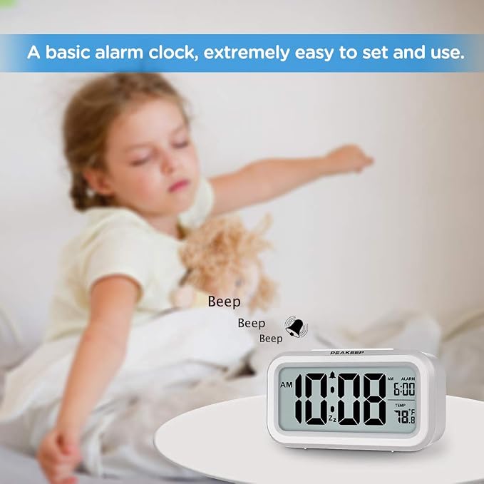 Peakeep Night Light Digital Alarm Clock Battery Operated Indoor Temperature | Small Cordless Cute Clock for Bedroom Desk Travel, Simple to Use for Teens Kids (White)