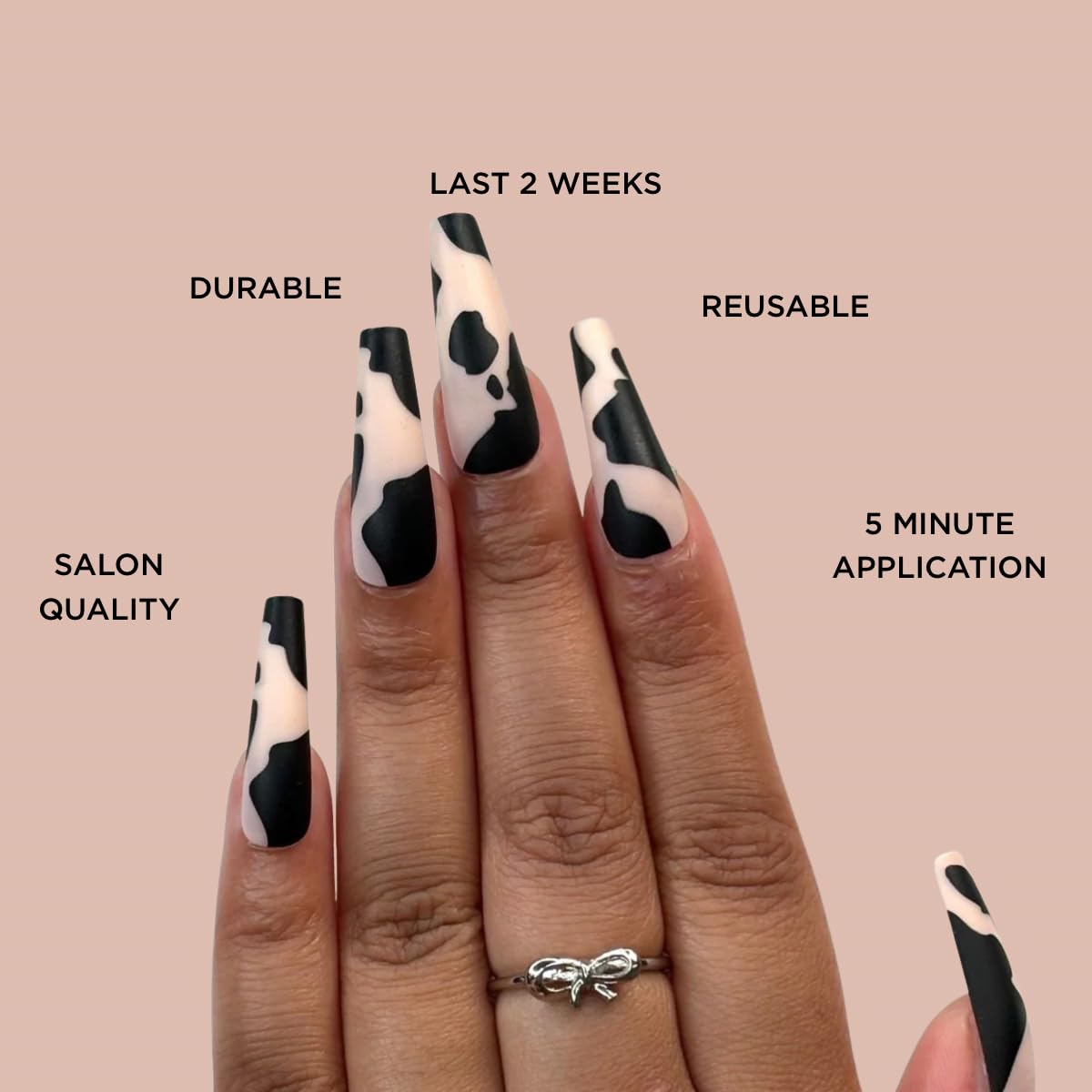 CUTE MOOOOOD Premium Press-On Nails by Lavaa Beauty | Extra-Long Coffin | Black Animal Print on Matte Nude Base