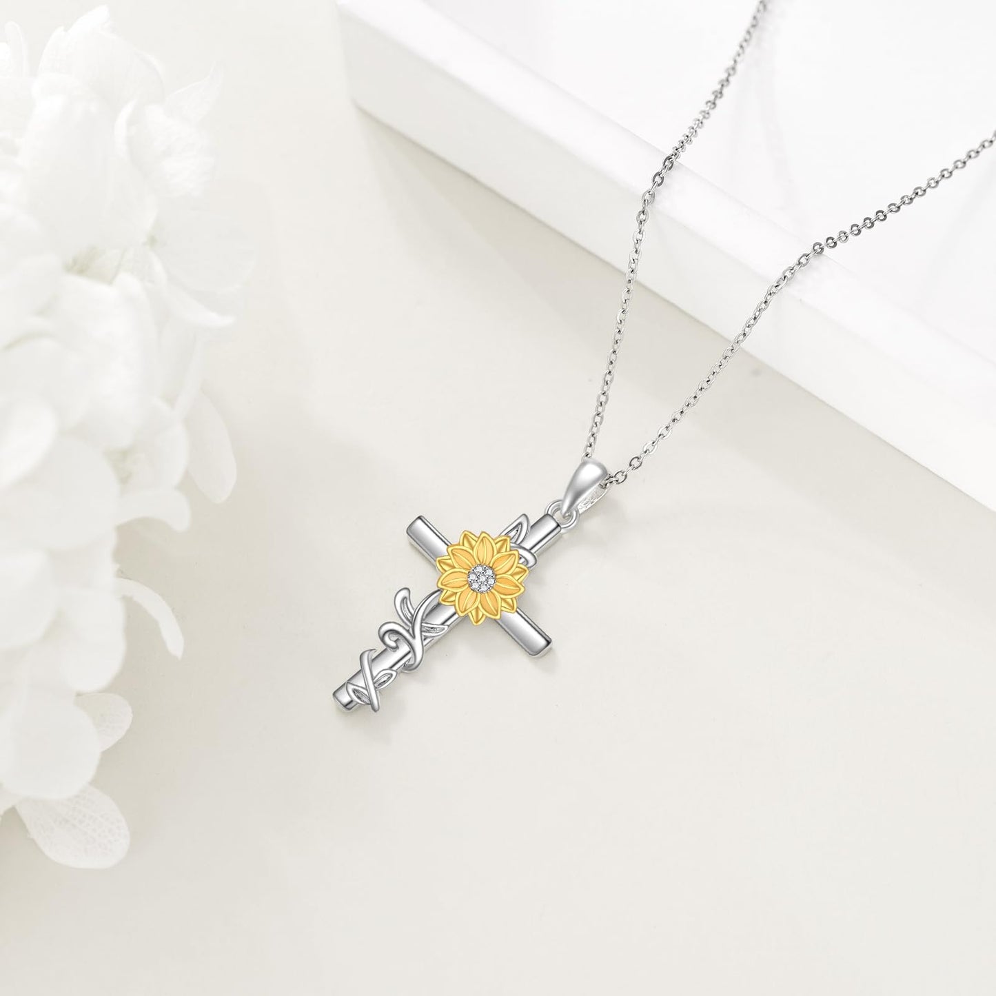 SHEAISRS Women's Sunflower Cross Necklace 925 Sterling Silver Delicate Sunflower Pendant for Women(Sunflower)