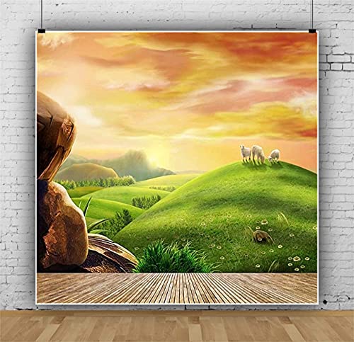 AOFOTO Photography Girl Backgrounds 6x6ft Backdrop Dreamy Pastoral Scenery Cartoon Painting Rosy Clouds Sheep Grass Hillside Wood Floor Photo Shoot Studio Props Video Baby Kid Artistic Portrait - size: 6x6ft