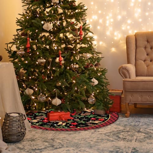 Yule Christmas Tree Skirt 48 Inch Pagan Christmas Tree Mat with Scandinavian Straw Goat Julbock Mistletoe Happy New Year Winter Xmas Tree Decor Christmas Party Decorations