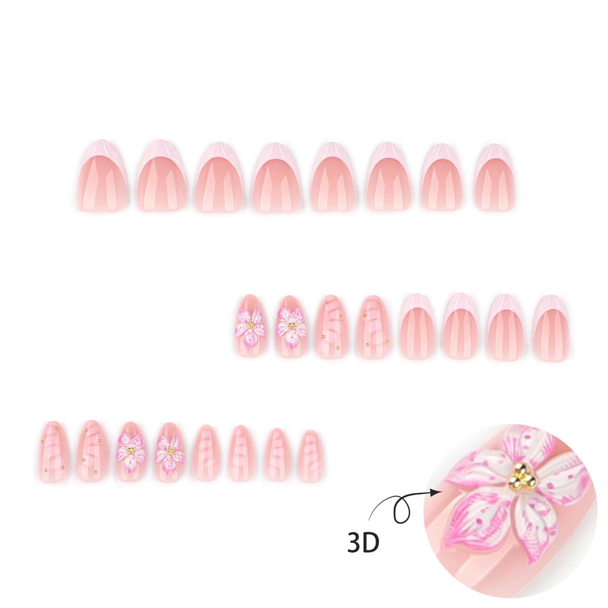 3D Press on Nails Pink Flowers & Alligator Design Short Almond Fake Nails French Tip False Nails Full Cover Glossy Spring Summer Stick on Nails for Women 24PCS