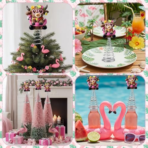 Gejoy Flamingos Highland Cow Miniature Tree Topper, 5.1 Inch Summer Beach Mini Highland Cow Tree Topper Decorations, Resin Cattle Figurine for Home Rustic Farmhouse Table Decor, Summer Gift Ideas