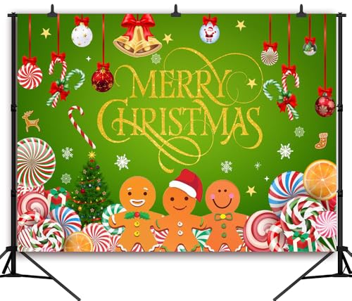 Gingerbread Merry Christmas Backdrop 7x5FT Green Peppermint Candy Cane Gingerbread Photography Background Christmas Candy Banner - color: Green/Red/Gold/Brown