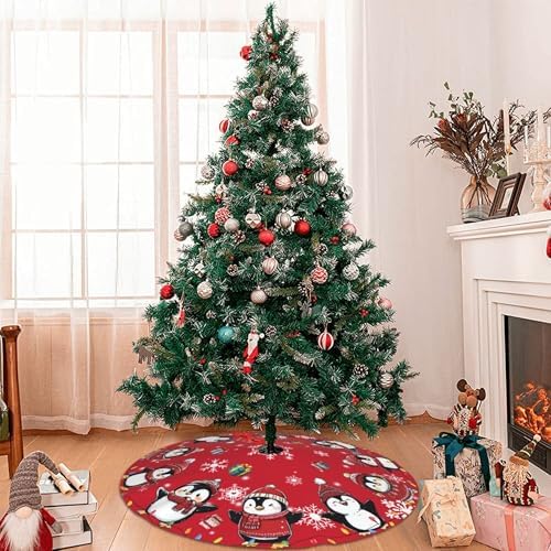 Red Cute Penguin Christmas Tree Skirt 36 Inch Xmas Tree Mat Party Decor Supplies for Holiday Home Decorations