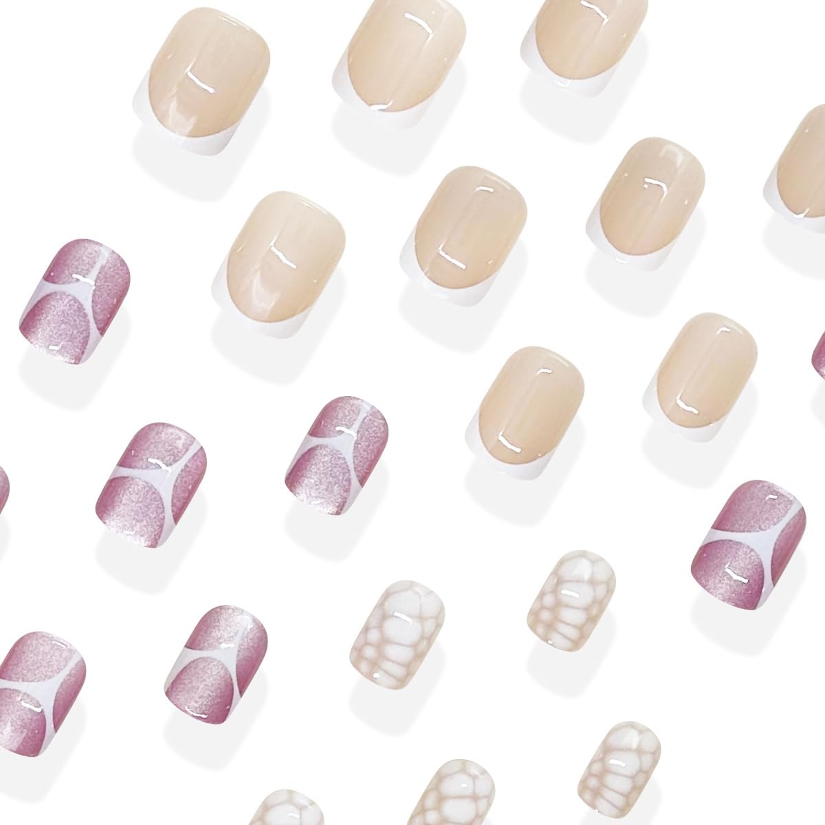 Short Square Press on Nails White French Tip Nails Press ons with White Line & Croc Print Design Nude Base Fake Nails Reusable Full Cover Stick on Nails for Women Manicure 24Pcs