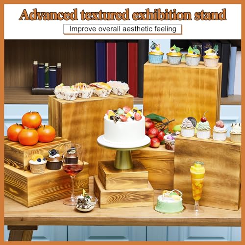 Barydat 8 Pcs Large 13.7" Wood Risers Display Stands Rustic Square Cupcake Stand Food Risers Stackable Display Box for Buffet Table Dessert Food Birthday Wedding Party(Dark Brown) - color: Dark Brown, size: Large