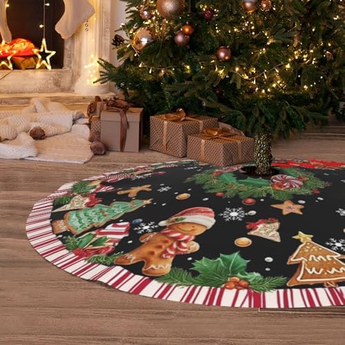 Gingerbread Man Black Christmas Tree Skirt 36 Inch Xmas Tree Mat Party Decor Supplies for Holiday Home Decorations