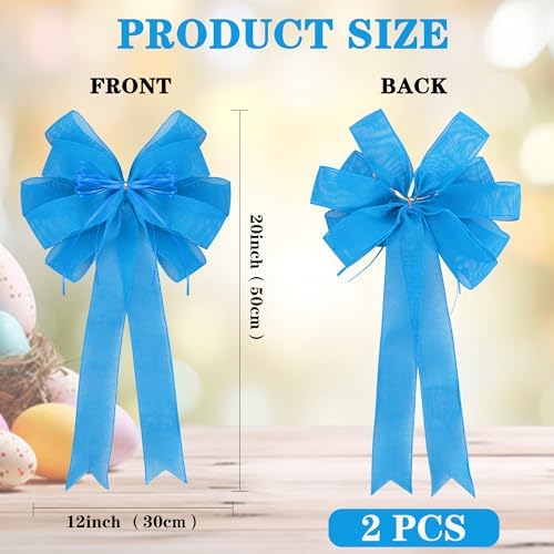 2 Pack Blue Christmas Tree Bows 12x20inch Large Burlap Wreath Bow with Glitter String for Christmas Tree Topper,Home Front Door Decor,Easter Bow,Valentines and Party Decor