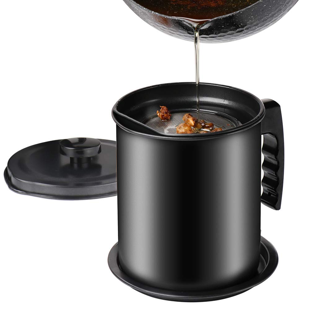 Cambom Bacon Grease Container with Fine Mesh Strainer, 1.6L almost 7 Full Cups Iron Cooking Oil Can with Removable a Coaster Tray for Kitchen Fat Storage Black