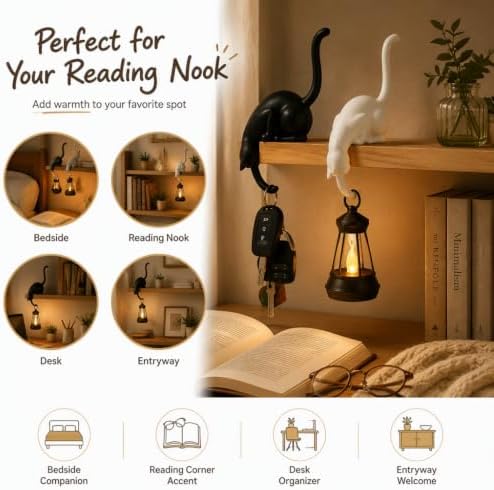 Cat Shelf Hook with Lantern,Resin 3D Print,Book Ledge Decor for Cat Owners