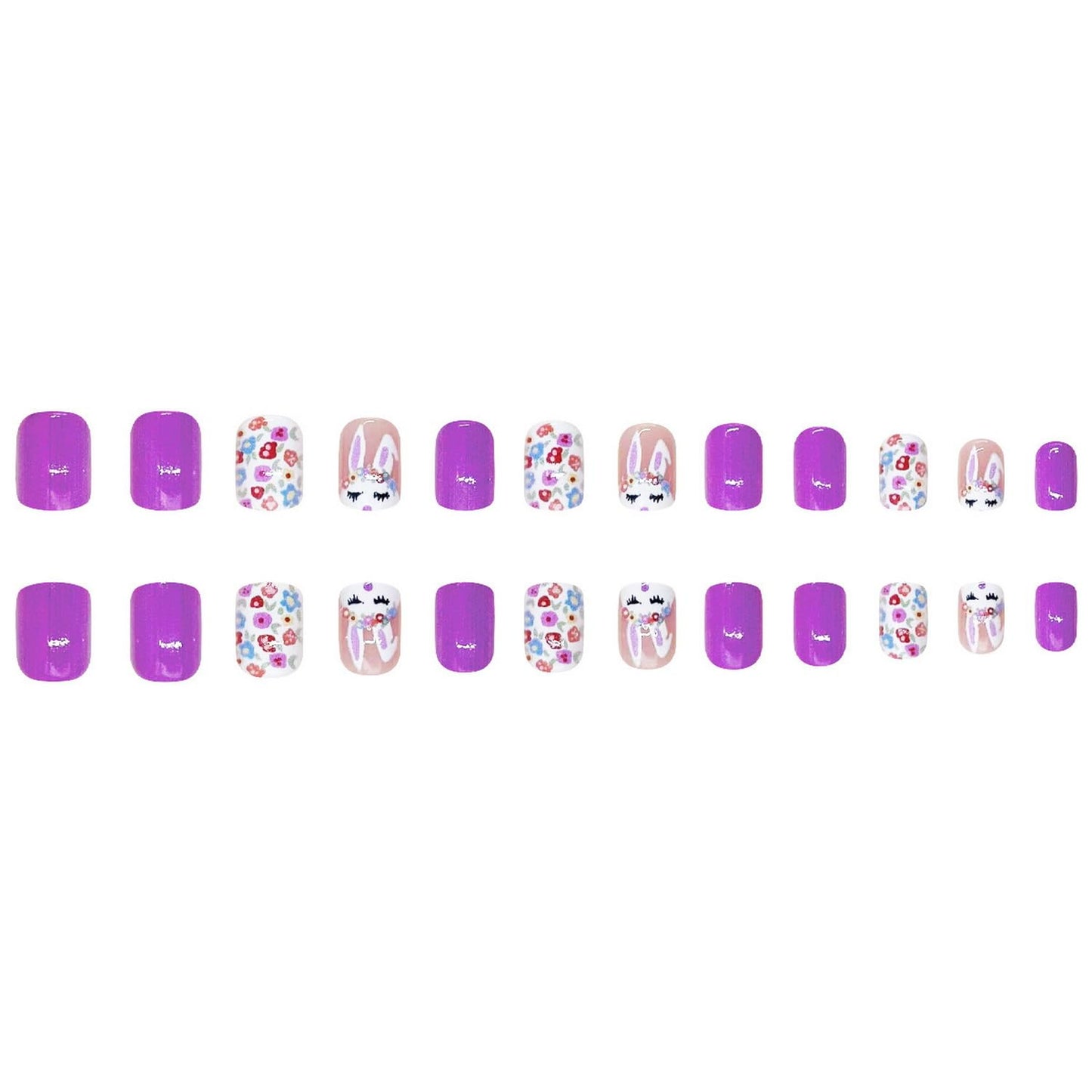24pcs Easter Press on Nail Short Square Fake Nails with Flower designs Cute False Nails Glossy Purple Press ones Bunny Stick on Nail Full Cover Spring Acrylic Glue on Nails for Women Decor