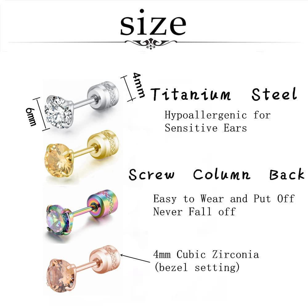 Hopply 4 Pairs Titanium Screw Back Surgical Stainless Steel Earrings for Women Men,Rainbow 5A Cubic Zirconia Studs Double Side Earrings Piercing Sleeper Jewelry 6mm