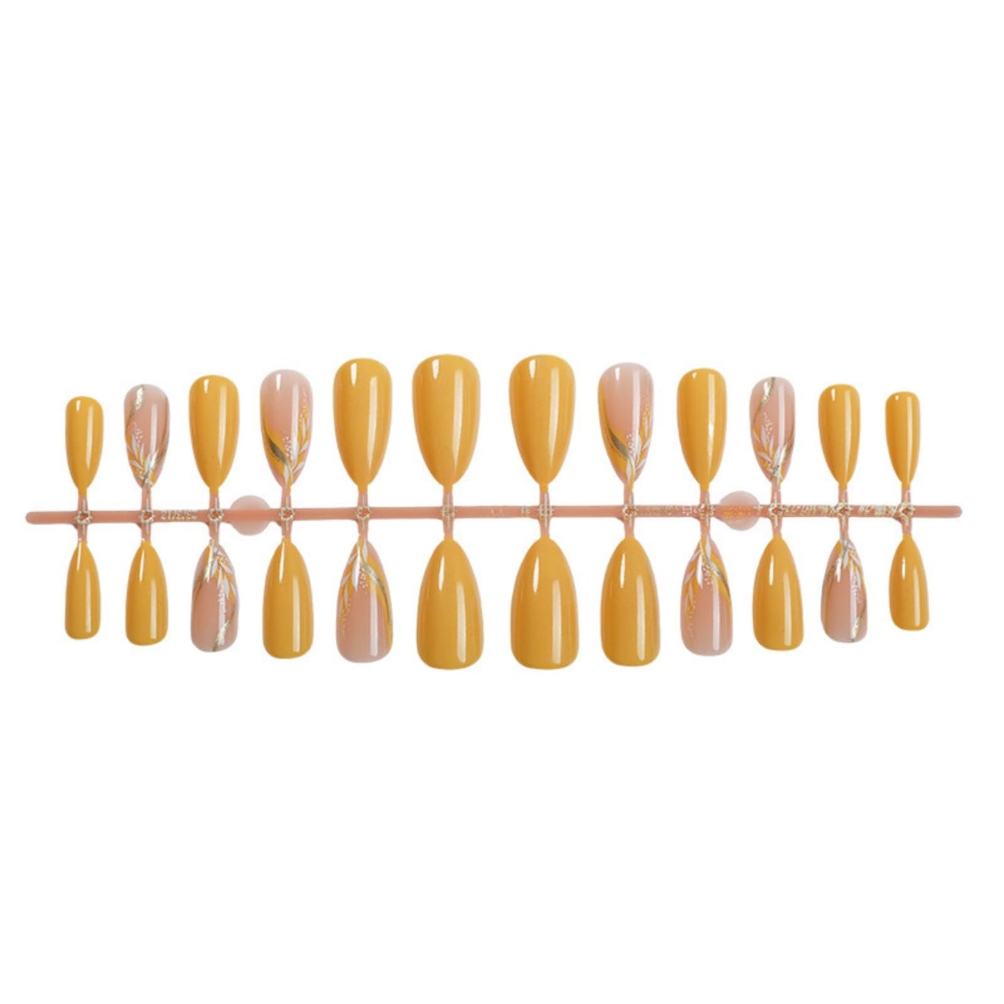 Almond Press on Nails Medium Fake Nails GoldFalse Nails Floral Artificial Nails with Designs Floral Stick on Nails for Women 24pcs